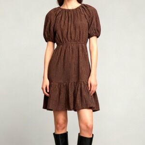 Rails Khloe Dress Gingham Mini Russet Brown‎ Puff Sleeve size Small